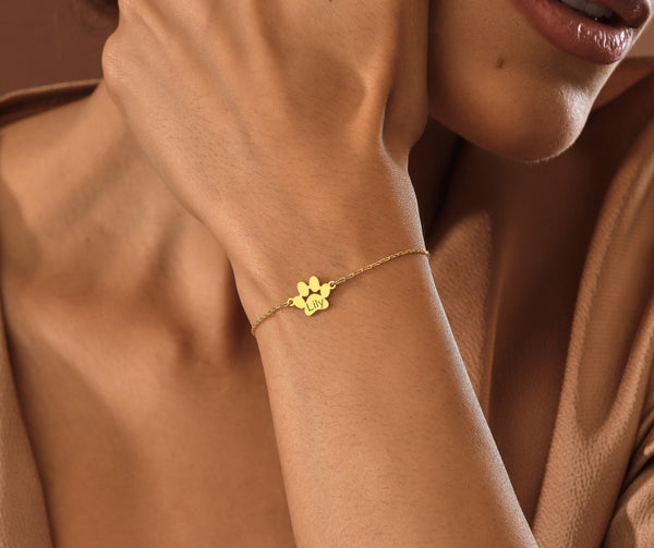 14K Gold Pet Name Bracelet , Paw Print Bracelet , Personalized Pet Bracelet , Pet Memorial Gift , Pet Lover Gift , Paw Bracelet , Dog or Cat