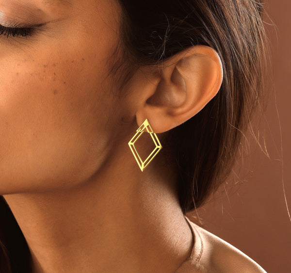 14K Gold Rhombus Ear Jacket Earring , Geometric Gold Earrinng , Minimalist Earring Jacket , Handmade Jewelry , Gifts for Her , Wedding Gifts