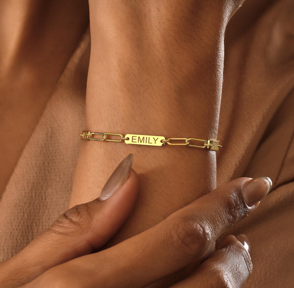 14K Gold Link Chain With Custom Bar Name Bracelet , Paperclip Bracelet, Link Chain Bracelet , Mother's Gift ,Bracelet for Women Gift for Her