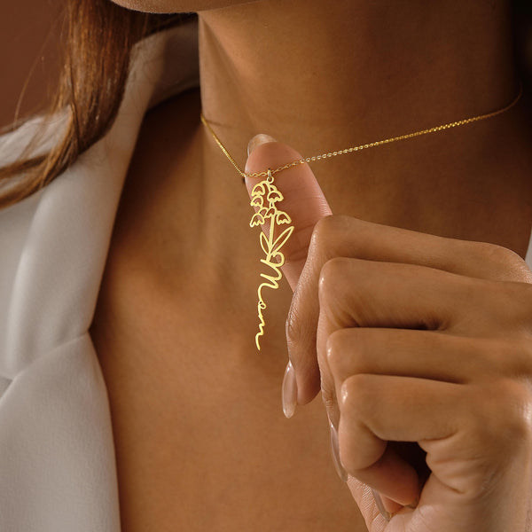 14K Gold Birth Flower Necklace , Name Necklace with Birth Month Flower , Floral Necklace , Birthday Gift ,Gift for Mom ,Personalized Jewelry