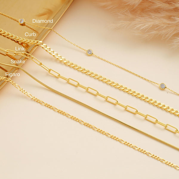 14K Gold Dainty Chain Bracelets , Cuban Chain Bracelet , Diamond Station Bracelet , Paperclip Chain Bracelet , Snake Chain Bracelet , Figaro