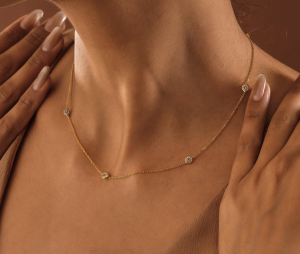 14K Gold Diamond Station Necklace , Diamond Necklace , Necklaces for Women , Gold Chain Choker , Chain Necklace , Gift for Her,Birthday Gift