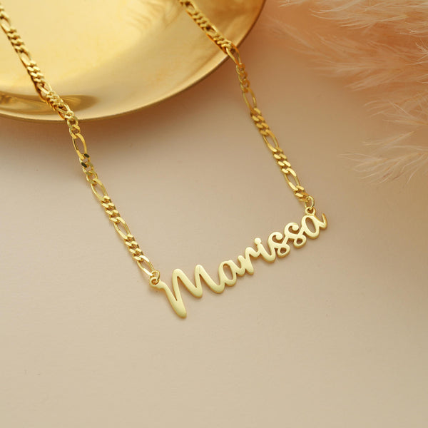 14K Gold Name Necklace with Figaro Chain , Figaro Chain Necklace , Everyday Necklace Chain with Custom Name , Gold Chain Necklace ,Gold Gift