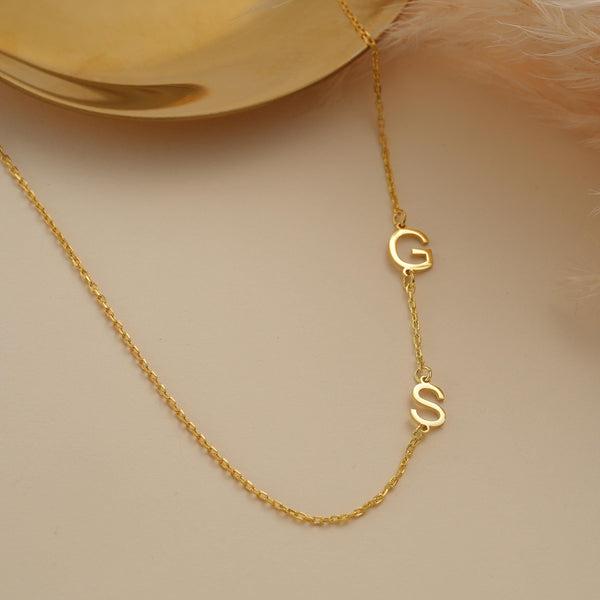 14K Gold Two Initial Sideways Necklace , Custom Initial Necklace , Family Initial Necklace , Gift for Her , Personalized Jewelry , Gold Gift