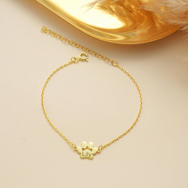 14K Gold Paw Print Name Bracelet , Paw Bracelet , Gold Bracelet , Personalized Bracelet , Bracelets for Women , Christmas Gift ,Gift for Her