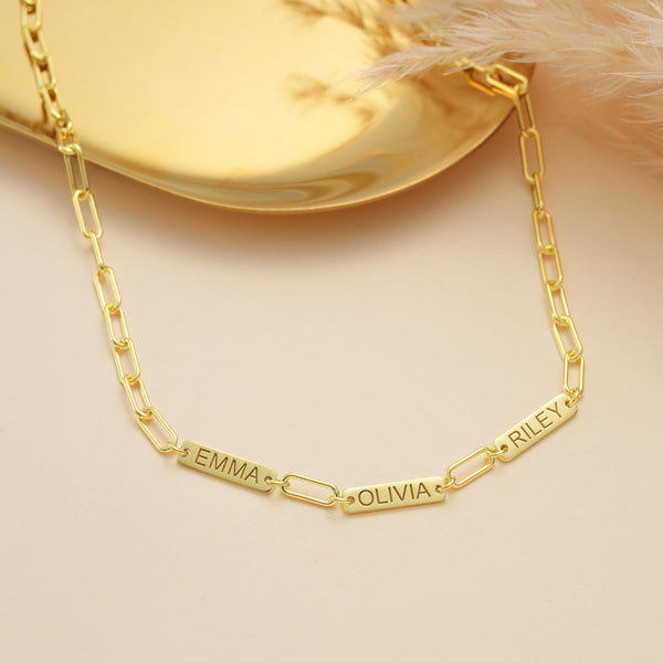 14K Gold Custom Link Chain Name Necklace , Paperclip Chain Bar Necklace , Link Chain Family Tag Necklace ,Necklaces for Women,Christmas Gift