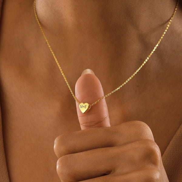 14K Gold Two Initial Engraved Heart Necklace , Multiple Letter Necklace , Name Engraved on Heart , Gift for Her , Personalized Jewelry Gifts
