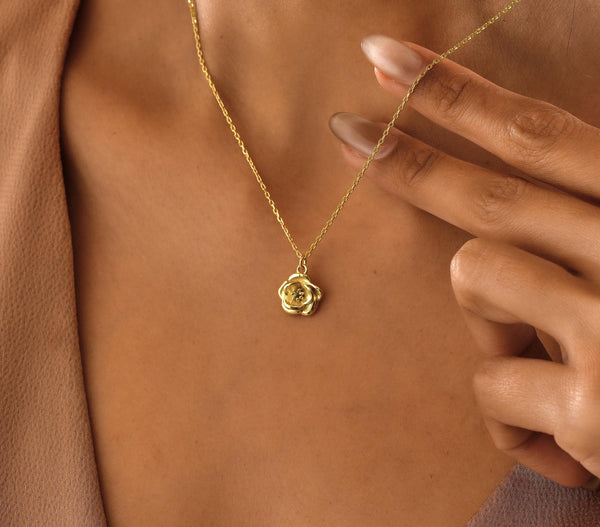 14K Gold Birth Flower Necklace for Her , Birth Flower with Birth Stone Jewelry , Valentine's Day Gifts for Her , Necklace for Women ,Flowers