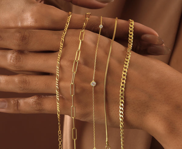 Dainty Gold Bracelets , 14K Gold Chain Bracelet , Diamond Bracelet , Paperclip Chain ,Herringbone Chain ,Figaro Chain , Cuban Chain Bracelet